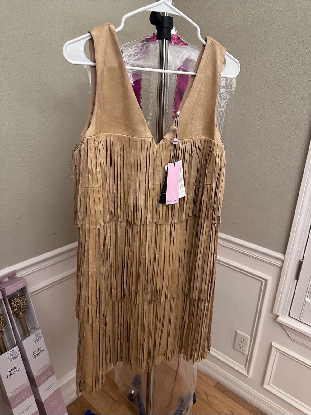 Avec Les Filles Tan Fringe V-Neck Mini Dress